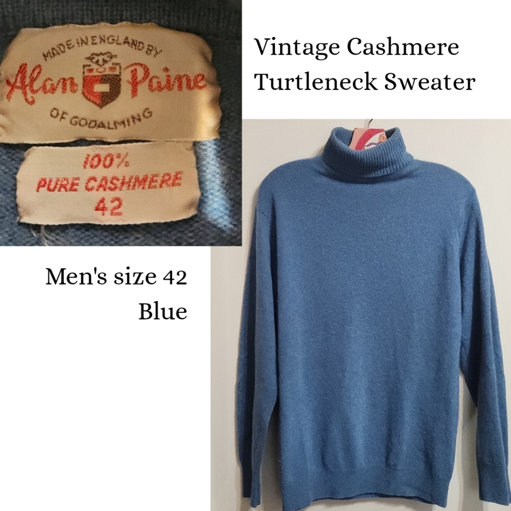 Alan Paine of Godalming Cashmere Vintage Turtleneck Sweater Blue mens 42 (Large)